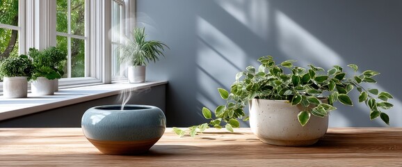 A ceramic bowl diffuser sits on a wooden surface, surrounded by houseplants in front of a window