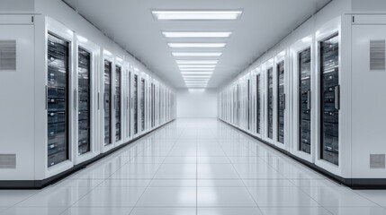 Modern data center server room corridor clean technology interior