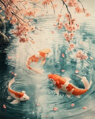 A serene scene depicting colorful koi fish swimming in tranquil waters, surrounded by blooming cherry blossoms.