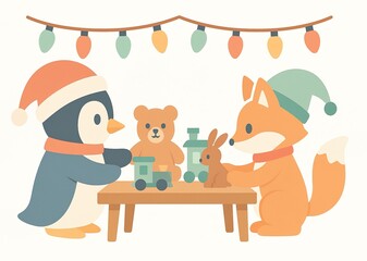 Festive Animals – Penguin, Fox, and Bear with Toys for Christmas