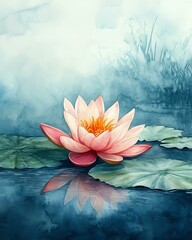 A serene pink lotus flower gracefully floats on calm water, reflecting beauty and tranquility in nature.