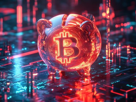 A glowing piggy bank with a Bitcoin symbol, representing digital savings.