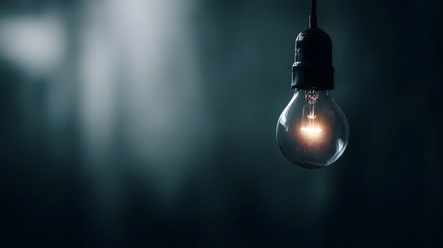 Glowing light bulb hanging in a dark room