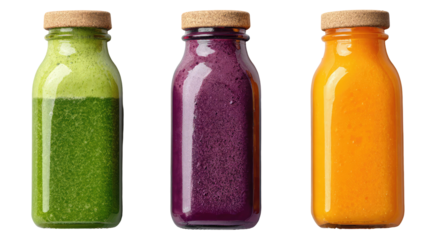 Cold-pressed juice bottles flatlay green and purple transparent background

