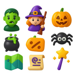 Halloween symbols with characters on transparent background