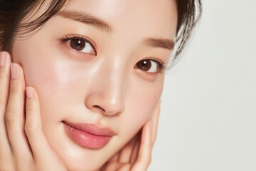 Obraz premium Close-up of a woman with flawless skin, hands gently touching her face