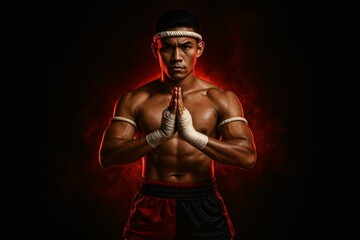 Powerful Muay Thai Fighter in Traditional Stance with Intense Background Lighting