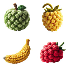 A set of fruit-shaped toys in bright colors, knitted from textured yarn, representing an apple, pineapple, banana and raspberry, isolates on a transparent background