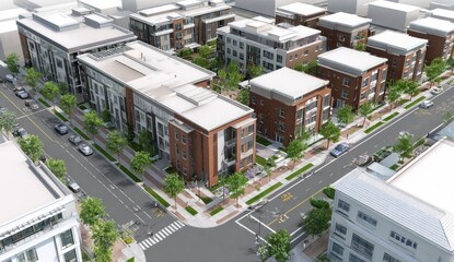 Aerial view of a modern urban development, featuring interconnected buildings, roads, and green spaces