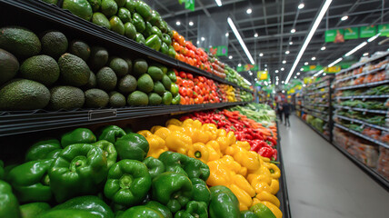 Colorful display of fresh vegetables including bell peppers, avocados, and tomatoes in a supermarket produce aisle.