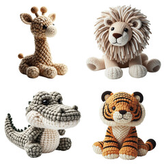 A set of animal-shaped toys in neutral colors representing giraffes, lions, crocodiles and tigers, knitted from textured yarn, isolates on a transparent background