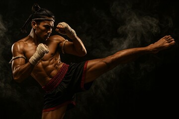 Powerful Muay Thai Kick - Martial Arts Fighter Training in Smoke