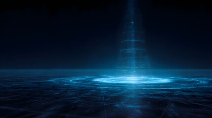 Futuristic wireframe 3D hologram of an energy grid floating in a dark glowing blue space