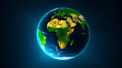 Earth globe floating in starry space, highlighting vibrant continents in a cosmic setting.