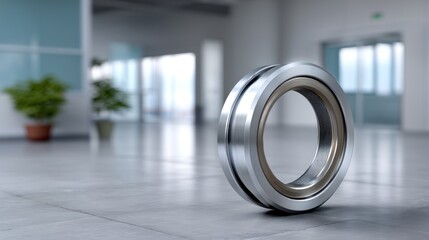 Sleek, metallic ring bearing on a light gray floor, office background