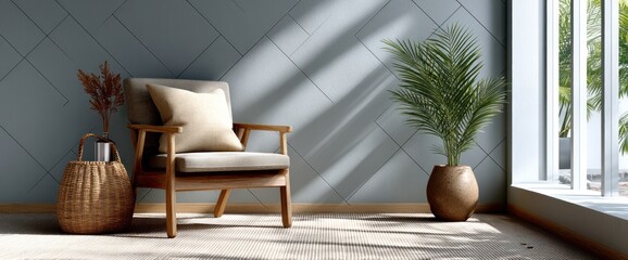 Fototapeta premium A cozy corner with a light-filled room featuring a light-beige armchair, a woven basket, and a potted plant. Sunlight streams in through a window