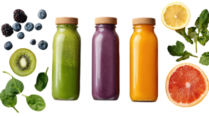 Cold-pressed juice bottles flatlay green and purple transparent background

