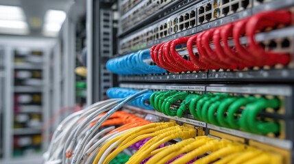 Colorful network cables connected to server rack data and technology