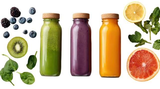 Cold-pressed juice bottles flatlay green and purple transparent background


