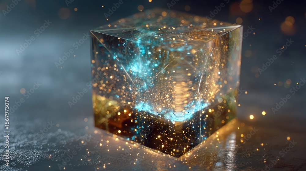 Poster glowing cube with sparkling particles abstract 3 d render