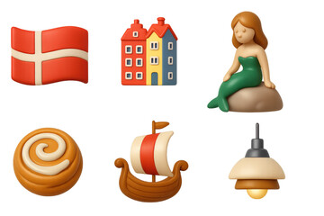 Minimal Danish 3D icons on transparent background