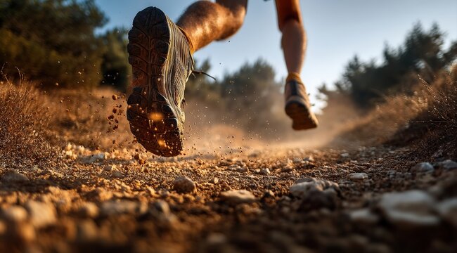 Close up of running shoes kicking up dust on a trail at sunrise, showcasing the dynamism and energy of outdoor exercise