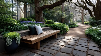 Obraz premium Wooden bench in a sunlit garden path