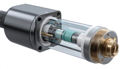 Close-up of a precision linear motor with transparent internal components