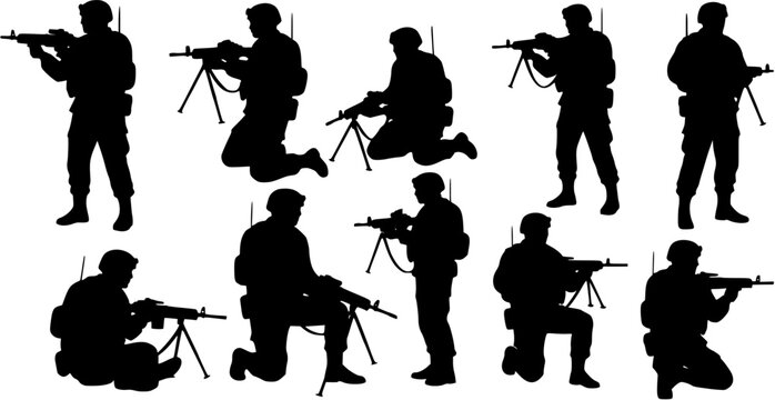 vector silhouette of army military with machine guns on white background . Generative AI
