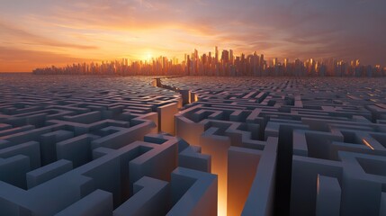Fototapeta premium Cityscape maze sunset path to urban challenges solution