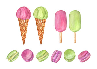 Watercolor hand drawn illustrations of ice cream cones, popsicles, and macarons. Cute set of colorful desserts drawings. For stickers, packaging, cookbooks, and more