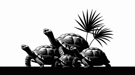 Galapagos Tortoise Family  A Black and White Illustration of Giant Tortoises and Palm