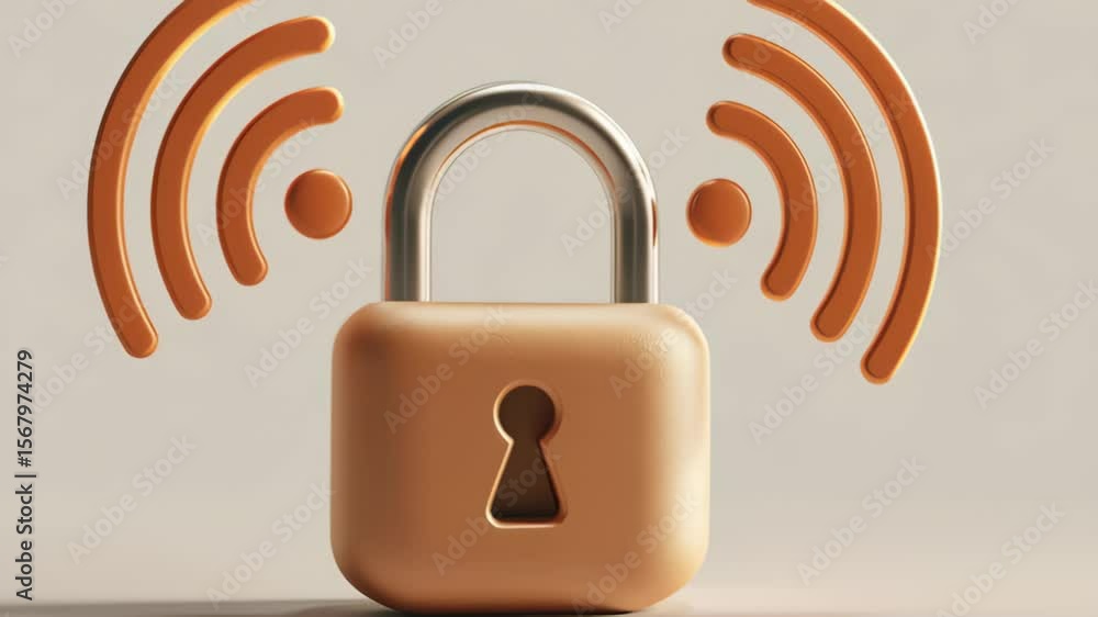 Poster digital security concept with a modern padlock and wireless signal representation for cyber safety