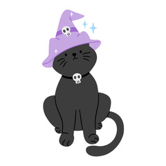 Cute black cat in witch hat with skull collar. Halloween clipart style. Isolated on white background. Fun spooky decoration.