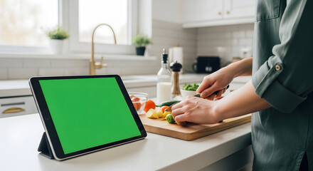Person Preparing Vegetables in Modern Bright Kitchen with Green Screen Tablet