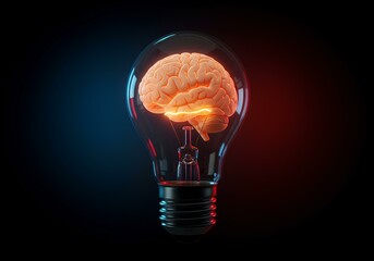 This image depicts a luminous human brain within a glass light bulb, glowing warmly against a dark, contrasting blue and red background.