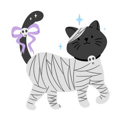 Cute Halloween mummy cat with a skull collar and bow, isolated on white. Perfect for spooky yet adorable designs