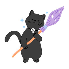 Charming black cat in a skull collar holding a broom, isolated on white. Perfect for cute Halloween designs