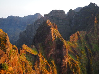Pico del Arieiro mountain range, illuminated by the warm dawn sun. Madeira, Portugal