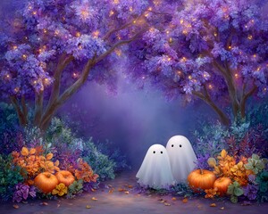 Cute spooky ghost with pumpkins in eerie forest, trick or treat theme, autumn celebration, whimsical halloween background with copy space for party or holiday banner.