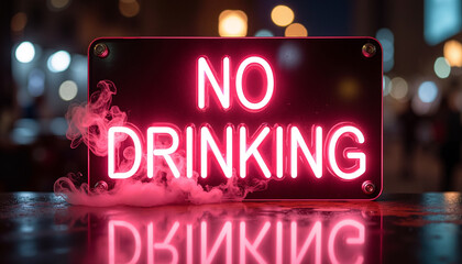 Neon sign displaying "No Drinking" with mist on urban background  