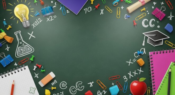 Vibrant School Supplies and Chalkboard Art A Colorful Education Still Life.