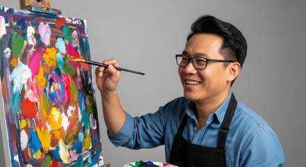 Asian male artist painting colorful abstract artwork on canvas