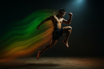Dynamic Muay Thai Fighter in Mid-Air Action with Vibrant Motion Trail