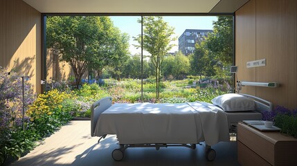 Modern hospital room with verdant garden view.