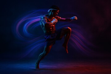 Dynamic Muay Thai Fighter in Motion with Vivid Lighting