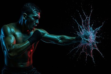 Dynamic Muay Thai Fighter Punching Water with Explosive Force