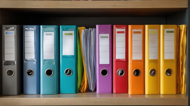 Organizing office supplies colorful binders and folders on a shelf home office photography indoor close-up view