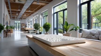 Light-filled, modern workspace with plants and display