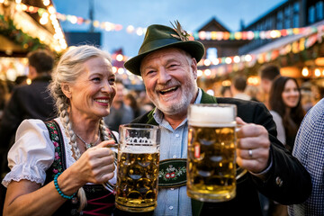 Joyful senior couple dressed in traditional Bavarian attire, toasting large beer mugs at Oktoberfest with festive lights and crowd in the background